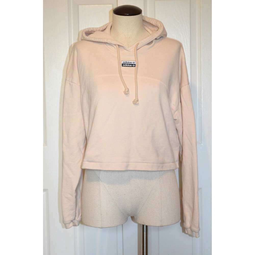 Adidas‎ Women's L Oversized Beige Cropped Hoodie Pullover Sweatshirt Logo